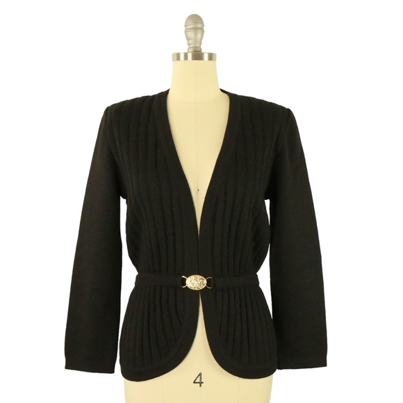 Celine Sweaters - Celine Paris VTG Black Wool Alpaca Gold Buckle Belted Sweater Cardigan 38 M